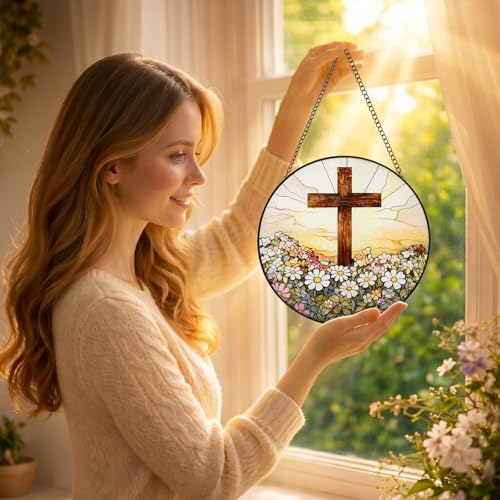 8 Inch Stained Glass Cross and Wildflowers Suncatcher Christian Stained Glass Windows Hanging Flower Cross Gift for Religious Mother's Day Faith Christian Gifts Religious Home Decor Cross & Wildflowers