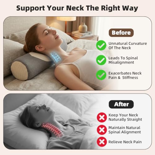 Buckwheat Neck Roll Pillow, Adjustable Cervical Neck Bolster (Khaki) Khaki