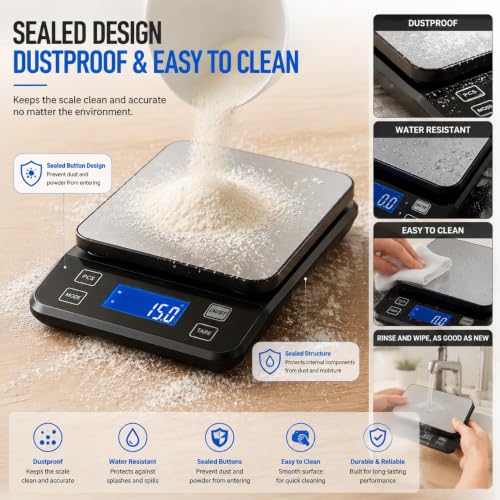 Waterproof Digital Kitchen Scale 0.1g Precision, Stainless Steel Electronic Scale with 3 Power Options (Rechargeable/AAA/Built-in), 10 Units Conversion, Smart Standby, 10kg Capacity 0.1g/10kg Black