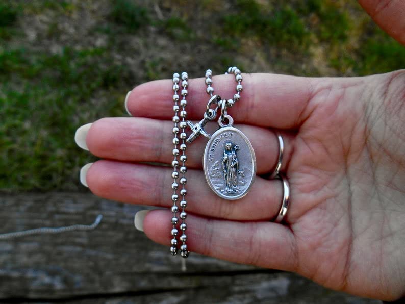 Saint Bridget Medal Necklace, Bridget Cross, 30" Stainless Steel Ball Chain, Patron Saint, Irish Gift, Embolic, Confirmation