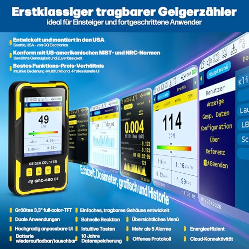 Nuclear Radiation Detector GQ GMC-800 DE Geiger Counter - German Version USA Design US Standard Dosimeter Beta Gamma X-Ray GMC 800 DE