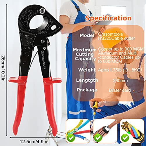 Ratchet Cable Cutter, Ratchet Cutter and Wire Cable Cutter, Cuts up to 240mm², HS325A Heavy Duty Aluminum and Copper Ratchet Cable Cutter