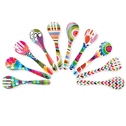 French Bull Bindi salad servers, 2-piece melamine set, 13-inch outdoor party utensils with colorful design.