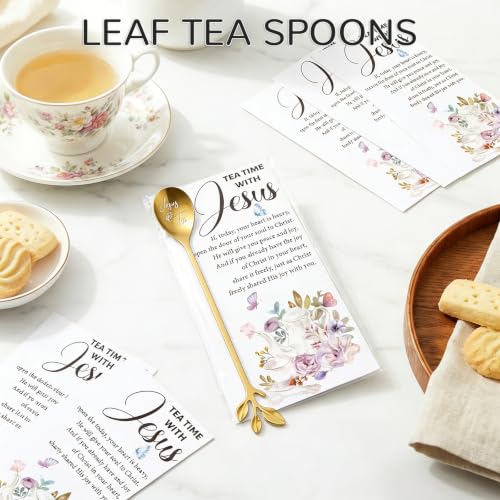 50 Sets Christian Tea Party Favors Stainless Steel Leaf Tea Spoons with Prayer Cards Clear Bags, Religious Gifts for Women Ministry Mothers Day Easter Church Christmas Birthday Family Reunion Gifts Gold 50 Jesus and Tea