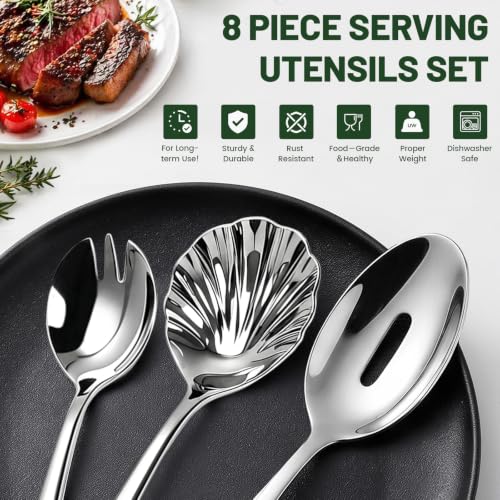 8-Piece Silver Serving Utensils Set, 304 Stainless Steel Large Serving Spoons, Salad Forks, Shell Spoons & Food Tongs, Mirror Polished Catering Serving Supplies for Buffet/Parties/Weddings