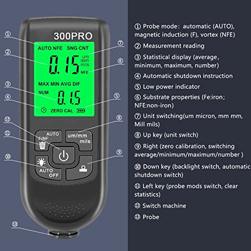 Diydeg HW300PRO paint thickness gauge in black with clear display and 0-2000um coating depth measurement device
