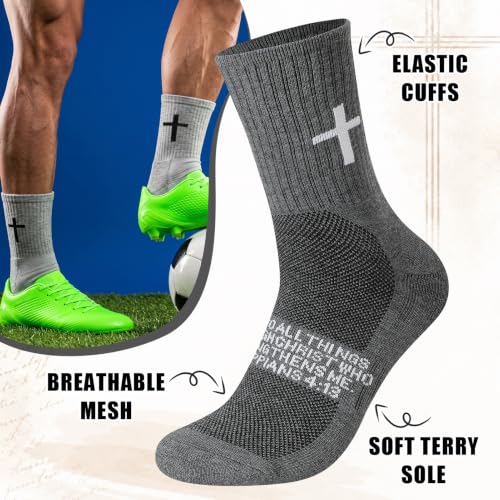 Christian Cross Socks for Men US 8-13, 4 Pairs Jesus Prayer Sock White, Black, Gray, Dark Gray