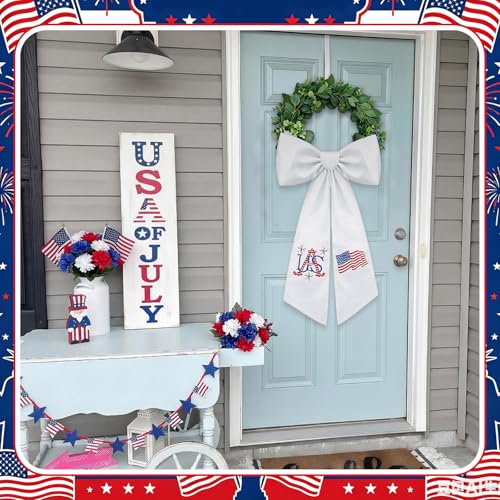 Moukeren 2 Pcs 4th of July Wreath Sash for Front Door Patriotic Embroidered Monogram Wreath Sash Red Blue White Flag Garland Belt Decor for Independence Day Memorial Day Yard Porch Red White Blue
