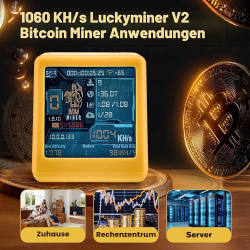 Luckyminer V2 Bitcoin Miner - 1060 KH/s Solo Lottery Miner with ESP32-WROOM-32, 1.54 Inch Display & Hash Rate Calculator - Plug & Play USB Miner for Home, Office & as a Table Clock (Compatible with V2
