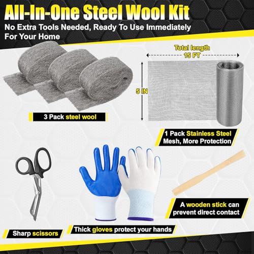 Alabrocon steel wool kit with three steel wool pieces, 15-foot wire mesh, and 11.5-foot lengths