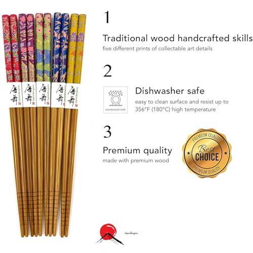 JapanBargain 3648, Bamboo Chopsticks Set Reusable Japanese Chinese Korean Wood Chop Sticks Hair Sticks, Dishwasher Safe, 9-inch, 5 Pair Gift Set, 10-Pack