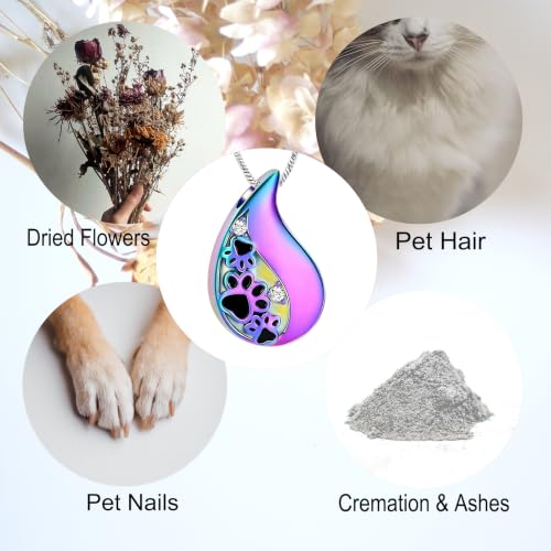 Yinplsmemory Pet Paw Print Teardrop Urn Necklace for Ashes for Dog/Cat Ashes Keepsake Memorial Pet Cremation Jewelry Rainbow