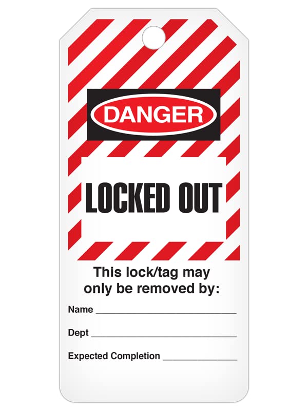 INCOM Manufacturing Lockout Tags-on-a-Roll, 6.25 Inch X 3 Inch X 10 Mil, Danger Locked Out, All-Weather DuraPly™ Stock, Waterproof and Tear-Resistant, Red/Black on White, 100 Pack, RT6027C