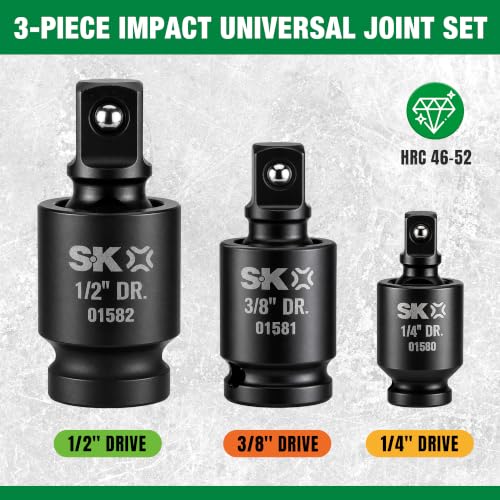SK Pinless Impact Universal Joint swivel socket adapter set in 1/4, 3/8, and 1/2-inch drive sizes