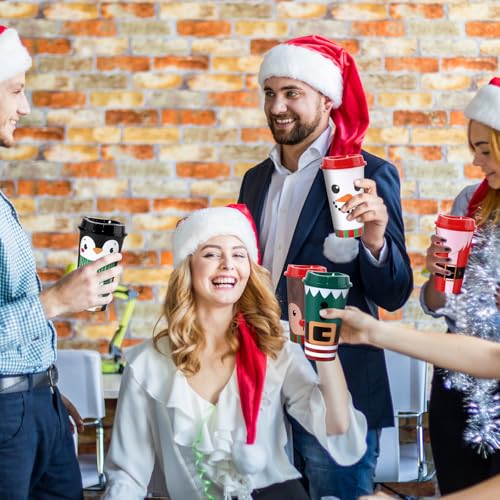 12 Pack Christmas Reusable Coffee Cups 16 oz Xmas Tumblers with Lid Santa Elk Snowman Gingerbread Penguin Plastic Travel Mug for Hot and Cold Drinks Thank You Gifts for Winter Holiday Party Supplies