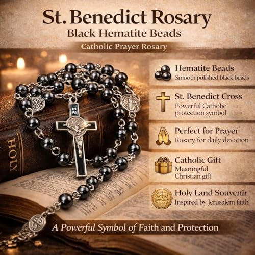 TALISMAN4U CATHOLIC ROSARY NECKLACE Black Hematite Beads St Benedict Medal