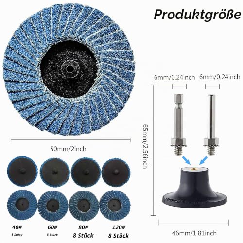 Pack of 32 Flap Discs 50 mm for Drill, 2 Inch Sanding Discs Grit 40/60/80/120 Zirconia Corundum Grinding Disc with 6.35 mm Adapter for Metal Wood Steel Fast