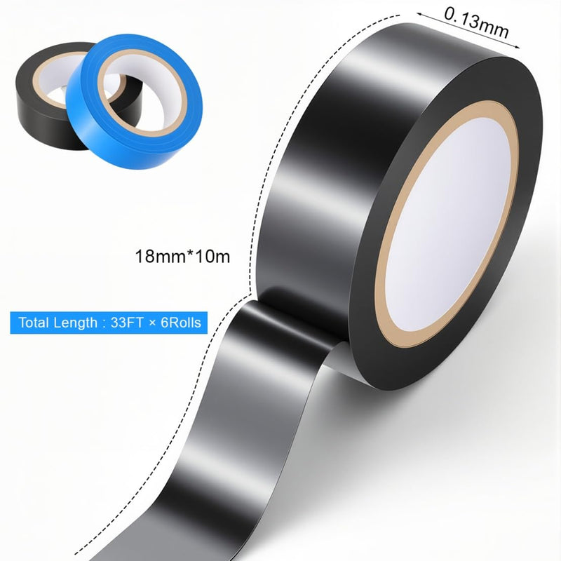 6 Rolls Electrical Tape 0.71 in x 33 ft Strong Self-Adhesive PVC Insulation Tape Waterproof for Repairing Insulating Wires Cables Heat Resistant Electric Tape