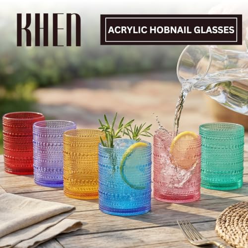 Khen Plastic Hobnail Drinking Glasses Set of 6 Bright Tones Cups 14oz, Shatterproof & Unbreakable Acrylic Beaded Design, BPA-Free, Dishwasher Safe Indoor/Outdoor Drinkware for Water, Juice, Cocktails Set of 6 - Pastel