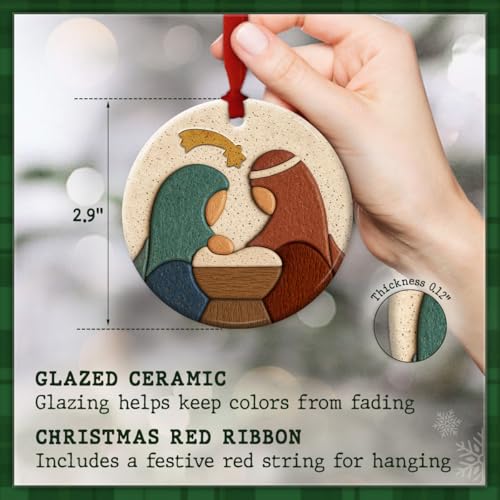 Nativity Christmas Ornament 2026 - Holy Family Ceramic Ornament with Mary, Joseph and Jesus - Religious Church Decoration, Christian Manger Scene Keepsake