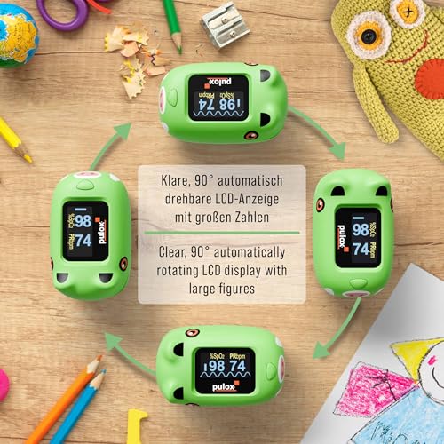Pulox PO-230 Children's Pulse Oximeter Green for Measuring SpO2 and Pulse | Measures oxygen saturation and heart rate in just a few seconds, includes stickers for individual gluing and designing