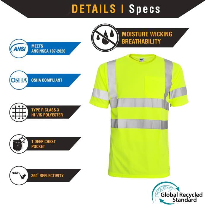L&M® Hi Vis T Shirt ANSI Class 3 Reflective Safety Lime Orange Short Long Sleeve HIGH Visibility XX-Large