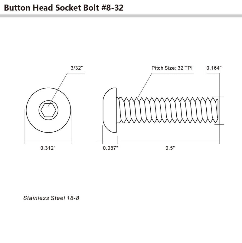 [Australia - AusPower] - 8-32 x 1/2" Button Head Socket Cap Bolts Screws, Stainless Steel 18-8 (304), Bright Finish, Allen Hex Drive, 50 PCS 8-32 x 1/2" 