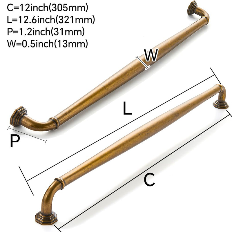 2 Pack 12 Inch Hole Center Antique Brass Heavy Duty Solid Cabinet pulls Ideal for Dressers, Bathroom, cabinets, and Kitchens cabinets. 2 Pack