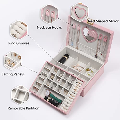 Dajasan Jewelry Box for Teen Girls Women, 2 Layers Jewelry Organizer with Mirror, Removable Jewelry Tray, Jewelry Storage Case, Gift Idea for Teenagers, Striped Velvet (Pink) Pink