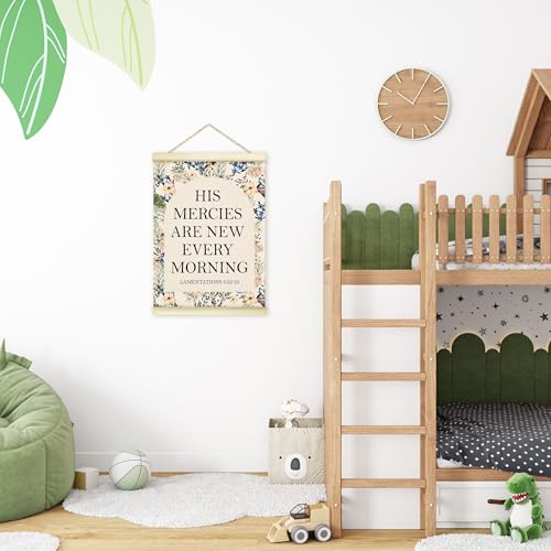 LWBEO Christian Poster Hanger Frame, Christian Bible Verse His Mercies are New Every Morning Boho Wooden Canvas Art Print, Positive Wall Art for Bedroom Living Room Office Nursery Decor 12x16in -26