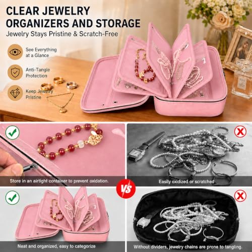 Pink Zynqur fireproof travel jewelry organizer case with lock and six binder pages, designed for safe jewelry storage during travel.