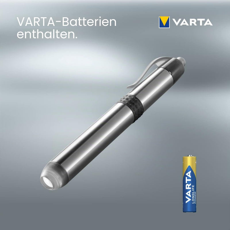 Varta LED Diagnostic Light with 1 x AAA Battery, Pen Light, Pupil Light, Extremely Slim and Lightweight Pen Torch, for Use in Hospital, Old People's Home, Doctor's Practice, Silver 5 mm LED pen light + 1 x AAA high energy (pack of 2)