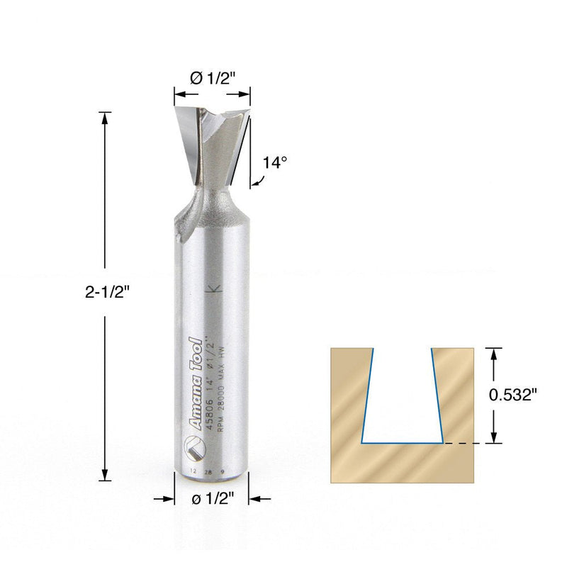 Amana Tool - 45806 Carbide Tipped Dovetail 14 Deg x .532 Dia x 1/2 Shank For Om 0.532 D x 1/2 CH x 1/2