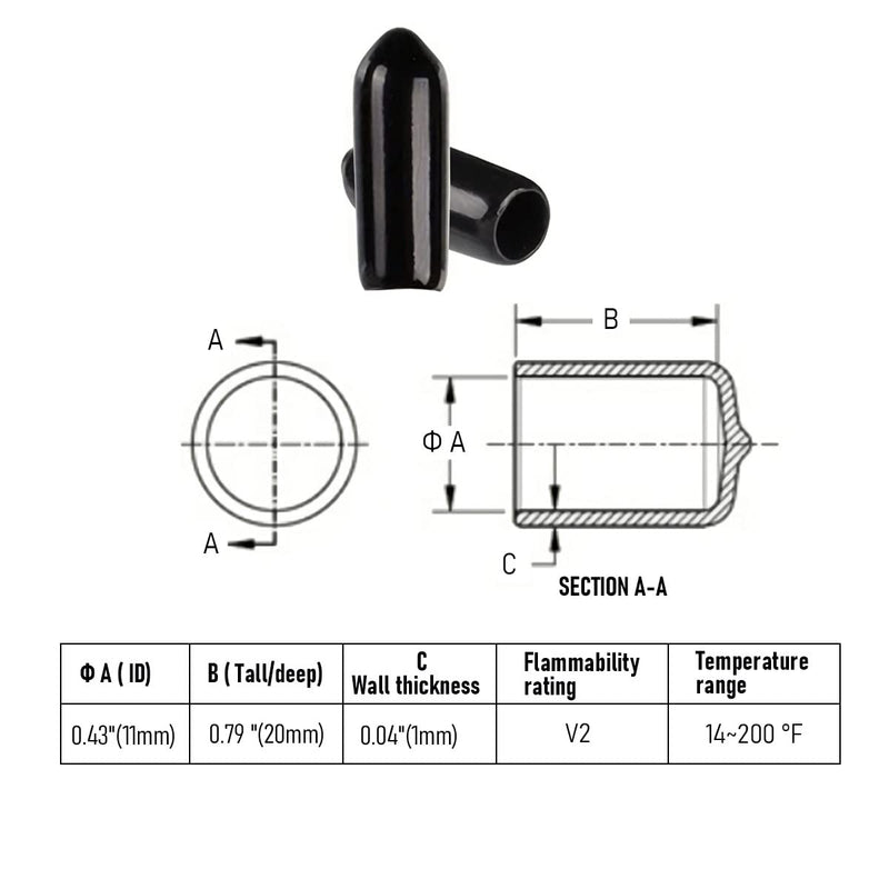 [Australia - AusPower] - 50 PCS Round Rubber End Cap, 0.43"(11mm) ID Vinyl Flexible Screw Thread Protectors(Length 20mm), Bolt End Caps for Metal Tubing Rod Bolt Tip, Black ?11*20mm 