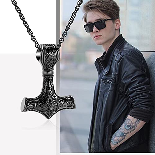 shajwo Mjolnir Thors Hammer Urn Necklace for Ashes for Men Celtic Nordic Viking Cremation Jewelry for Women Keepsake Memorial Ashes Pendant Thor Hammer-Black