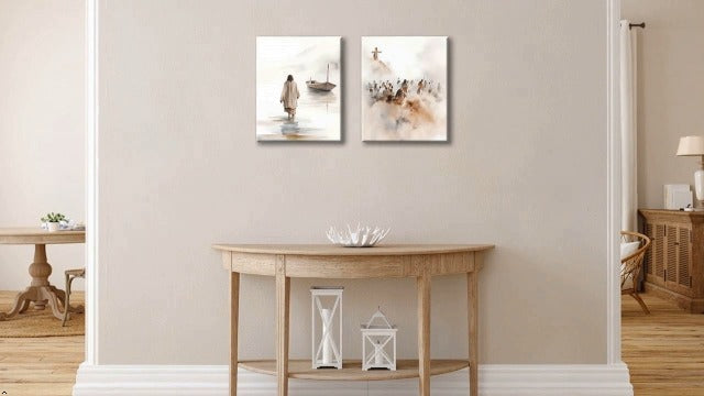 2pcs Framed Jesus Christ Walking Water Scenes Wall Art Christian 12x16in White 12x16 in