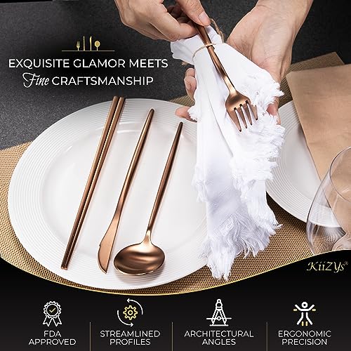 Matte Copper Silverware Set Reusable Chopsticks - KiiZYs 14-piece Stainless Steel Utensils Set Kitchen Accessories - Modern Flatware Spoon Fork Knife - Cutlery Set Gift Box (Matte Copper, 2 Sets) Matte Copper Set for 2 (14pcs)