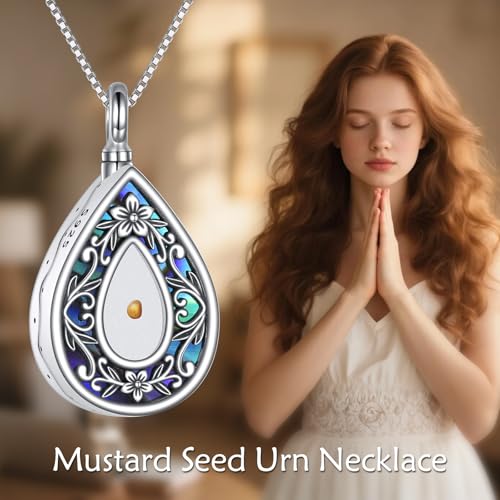 URONE Mustard Seed Urn Necklace for Ashes Sterling Silver Flower Pendant Memorial Gifts Keepsake Memory Cremation Jewellery for Women