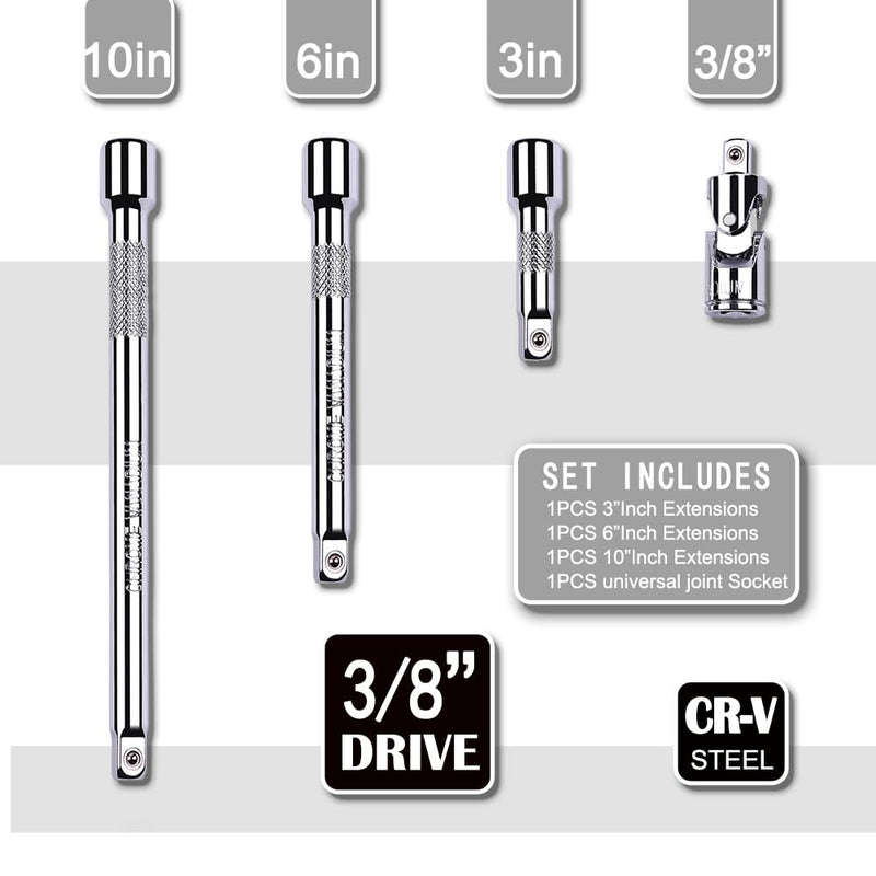 [Australia - AusPower] - 4 Piece 3/8 Inch Drive Extension Bar Set, 3/8 Inch Drive Socket Extension Set Includes 3, 6, and 10 Inch Extensions and 3/8 Inch drive Universal Joint Socket 3/8" Drive 