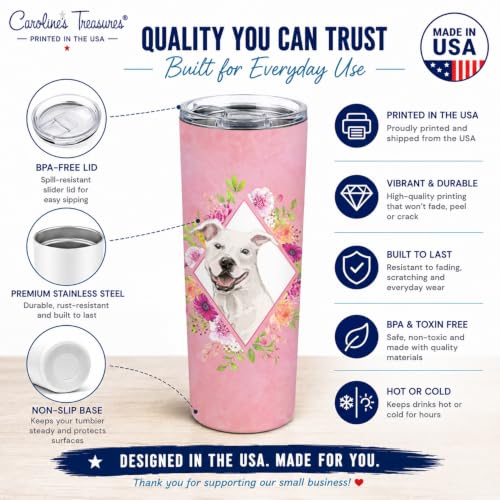 Caroline's Treasures CK4268TBL20 White Pit Bull Terrier Pink Flowers Stainless Steel 20 oz Skinny Tumbler Vacuum Double Walled Reusable Insulated Tumbler Travel Cup for Coffee Cocktails Gift with Lid,