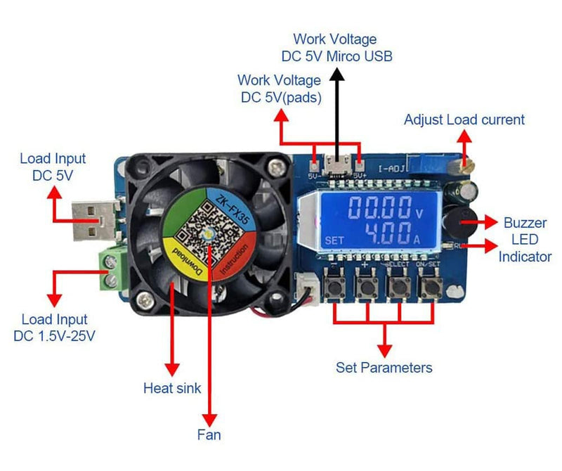 [Australia - AusPower] - WANGCL DC Electronic Load Tester FX25 4A 25W/FX35 5A 35W Constant Current USB Power Detector Battery Capacity Tester Adjustable Resistance LCD Display 
