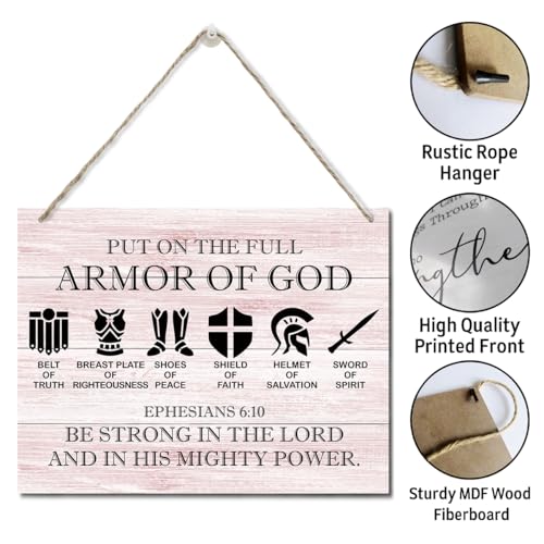 Printed Wood Plaque Sign Wall Hanging, Put on the Full Armor of God Quote Scripture Rustic Hanging Wall Plaque Wood Signs, Ephesians 6:10 Christian Sign F Color 07