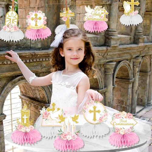 First Communion Decorations Honeycomb Centerppieces, 12Pcs Pink and Gold First Communion Centerpieces for Tables, God Bless Religious Table Centerpices for Girls Baptism Mi Primera Comunion