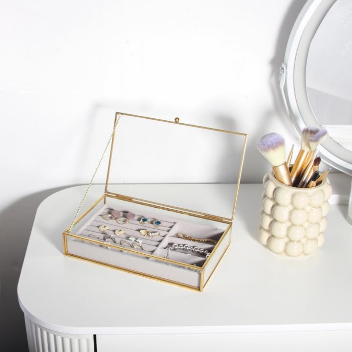 Feyarl Gold Glass Jewelry Trinket Box Ring Earring Display Holder Box Bracelet Brooch Organizer Decorative Photo Cards Collection Keepsake Case Insert Velvet Tray for Home Deco Dresser Table