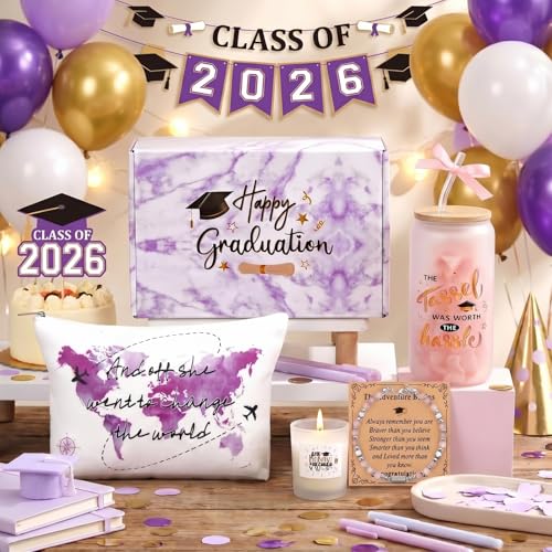 Potchen 7 Pcs Graduation Gifts for Girl Her Class of 2026 College High Graduation Gifts Box Set with 16oz Glass Cup Cosmetic Bag Bracelet Scented Candle with Box for Women Daughter Friend(Pink Purple) Pink Purple