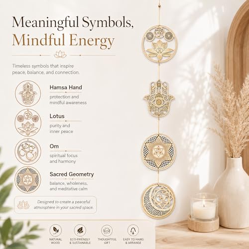 Chiorgone Sacred Geometry Wooden Wall Art Set - Lotus Hamsa Ohm Merkaba Meditation Decor & Coasters