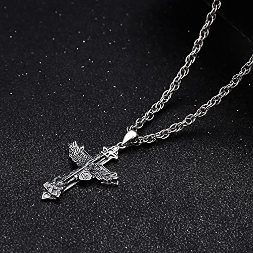Aniu 925 Sterling Silver Saint Medal Necklace Religious Amulet Jewelry Gift St Michael Cross Necklace - A