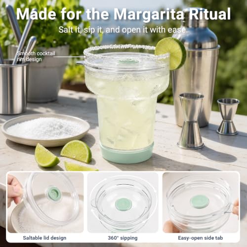 16 oz Margarita Glass with Lid and Straws, Spill Proof Cocktail Cup Pale Green/Mint Green 16 Ounces