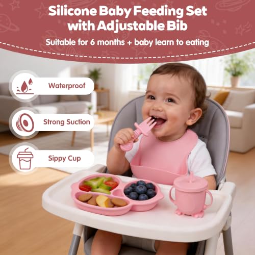 Silicone Baby Feeding Set,Miicasa Baby Led Weaning Supplies Kit With Suction Bowl & Car Plate, Bib, Spoon, Fork, Cup - Food-Grade Silicone, Dishwasher-Safe, No BPAs - For 3+ Months pinkbowlsets