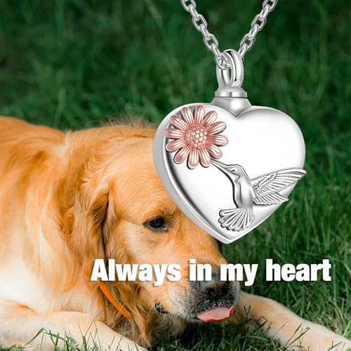 925 Sterling Silver Urn Necklace Gifts for Loss - Heart with Hummingbird Daisy, Ashes Keepsake Memorial Jewelry 18"